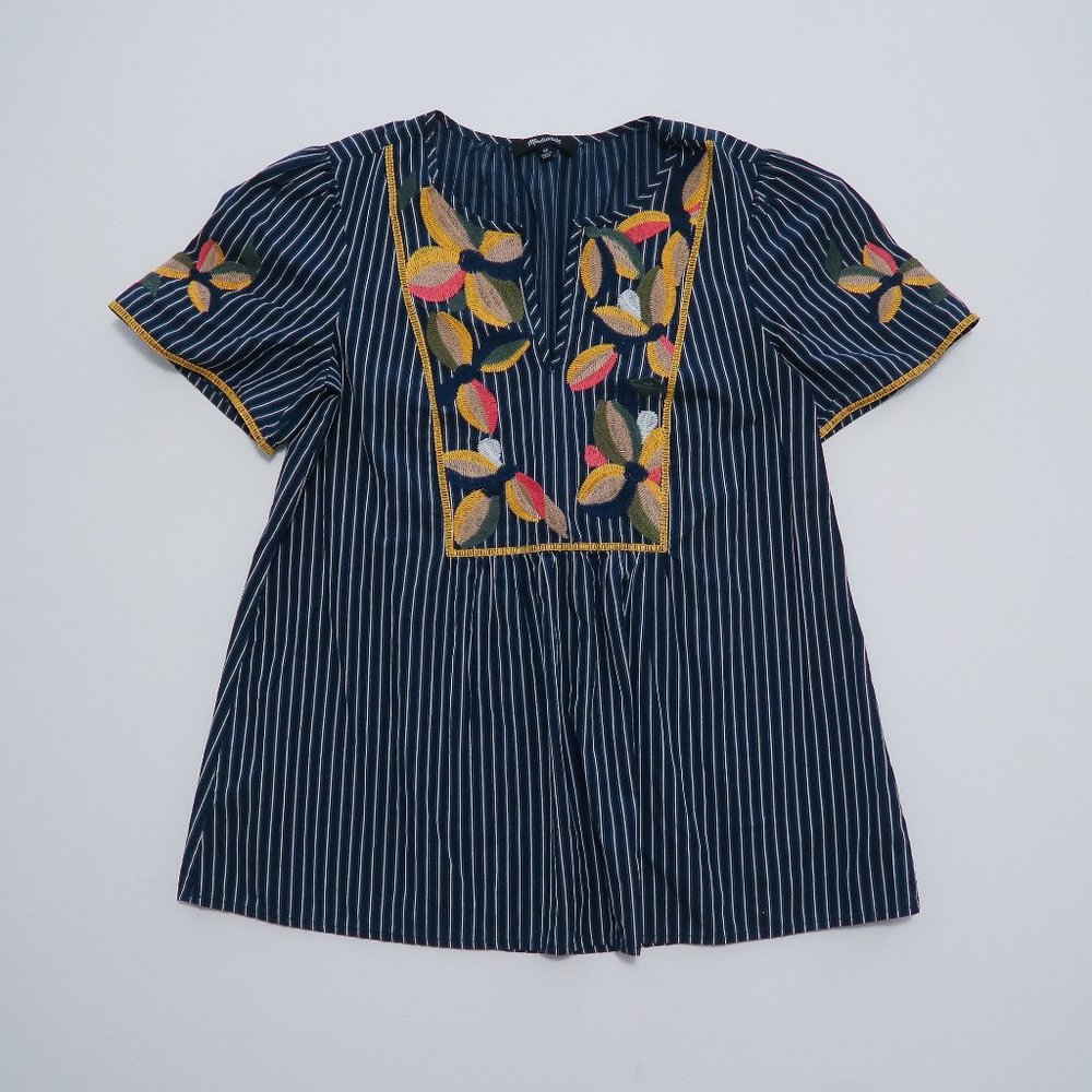 Madewell cotton stripe casual embroidered blouse shirt navy blue top XS